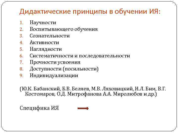 Дидактические принципы в обучении ИЯ: 1. 2. 3. 4. 5. 6. 7. 8. 9.