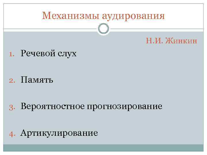 Механизмы аудирования Н. И. Жинкин 1. Речевой слух 2. Память 3. Вероятностное прогнозирование 4.