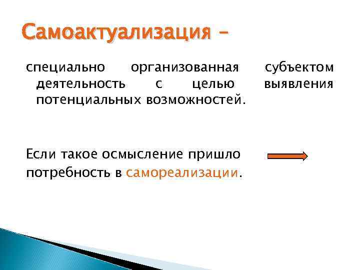 Самоактуализация – специально организованная деятельность с целью потенциальных возможностей. Если такое осмысление пришло потребность
