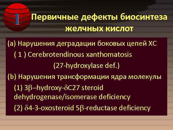 1 Первичные дефекты биосинтеза желчных кислот (a) Нарушения деградации боковых цепей ХС ( 1