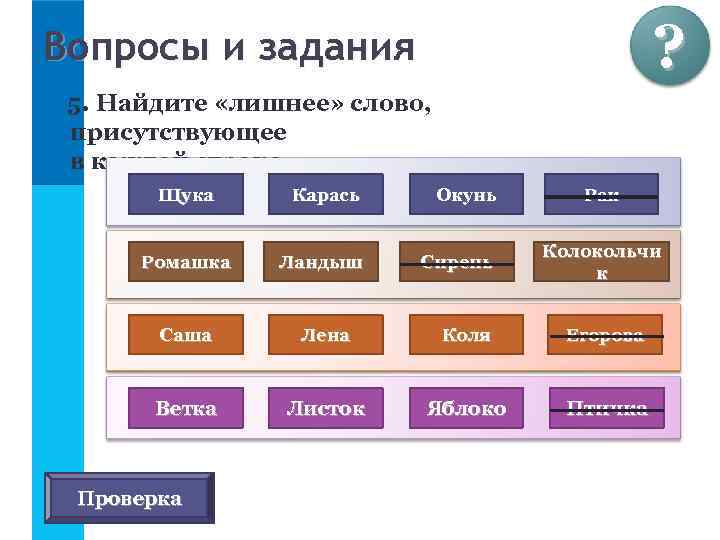 ? Вопросы и задания 5. Найдите «лишнее» слово, присутствующее в каждой строке. Щука Карась