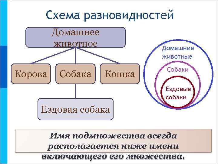 Схема разновидностей Домашнее животное Корова Собака Кошка Ездовая собака Имя подмножества всегда располагается ниже