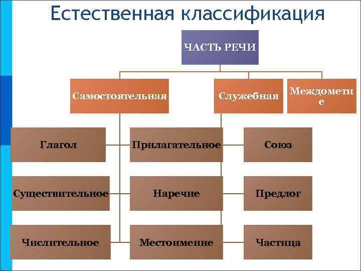 Естественная классификация ЧАСТЬ РЕЧИ Самостоятельная Служебная Междомети е Глагол Прилагательное Союз Существительное Наречие Предлог