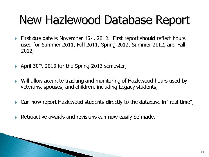 New Hazlewood Database Report First due date is November 15 th, 2012. First report