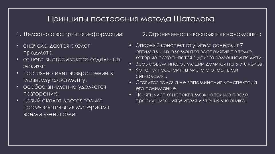 Принципы и методы обучения. Принципы методики Шаталова. Шаталов принципы обучения. Методы воспитания Шаталова. Принципы построения метода в.ф.Шаталова.