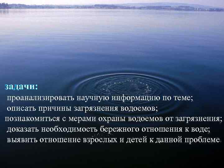 Ø Ø Ø задачи: проанализировать научную информацию по теме; описать причины загрязнения водоемов; познакомиться