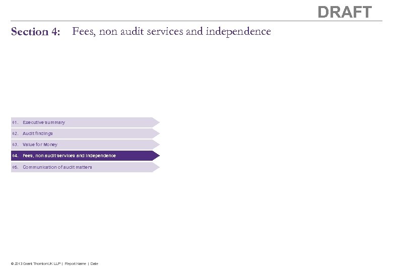 DRAFT Section 4: Fees, non audit services and independence 01. Executive summary 02. Audit