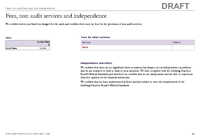 DRAFT Fees, non audit services and independence We confirm below our final fees charged
