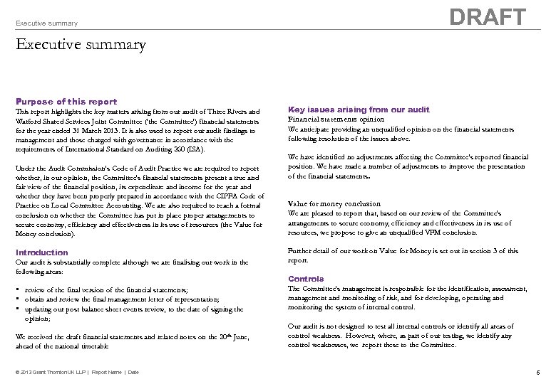 DRAFT Executive summary Purpose of this report This report highlights the key matters arising