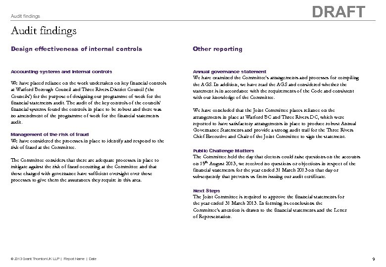 DRAFT Audit findings Design effectiveness of internal controls Other reporting Accounting systems and internal