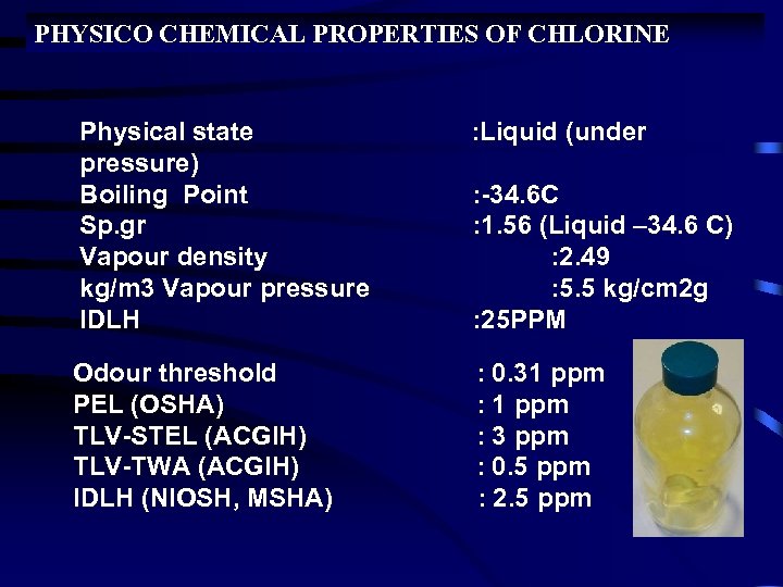 PHYSICO CHEMICAL PROPERTIES OF CHLORINE Physical state : Liquid (under pressure) Boiling Point :