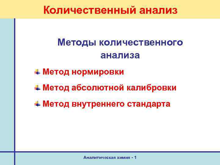Количественный анализ Методы количественного анализа Метод нормировки Метод абсолютной калибровки Метод внутреннего стандарта Аналитическая
