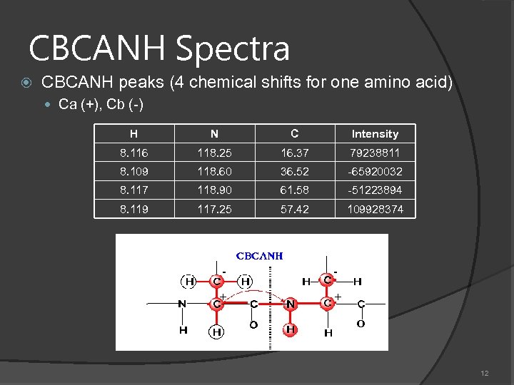 CBCANH Spectra CBCANH peaks (4 chemical shifts for one amino acid) Ca (+), Cb