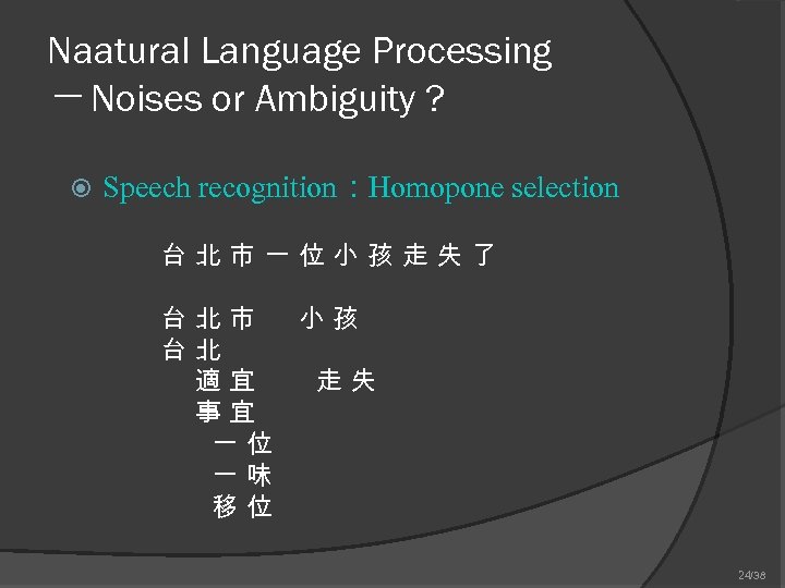 Naatural Language Processing ─ Noises or Ambiguity ? Speech recognition：Homopone selection 台北市一位小孩走失了 台北市 小孩