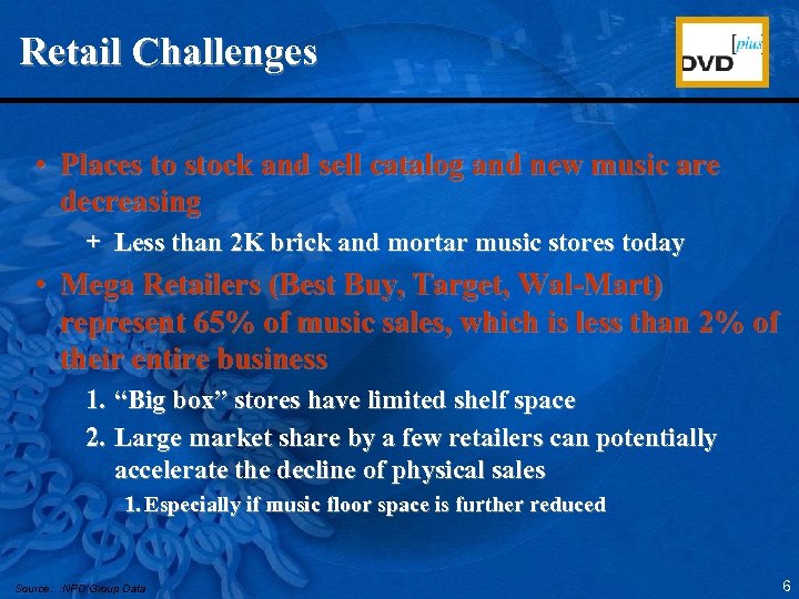 Retail Challenges • Places to stock and sell catalog and new music are decreasing