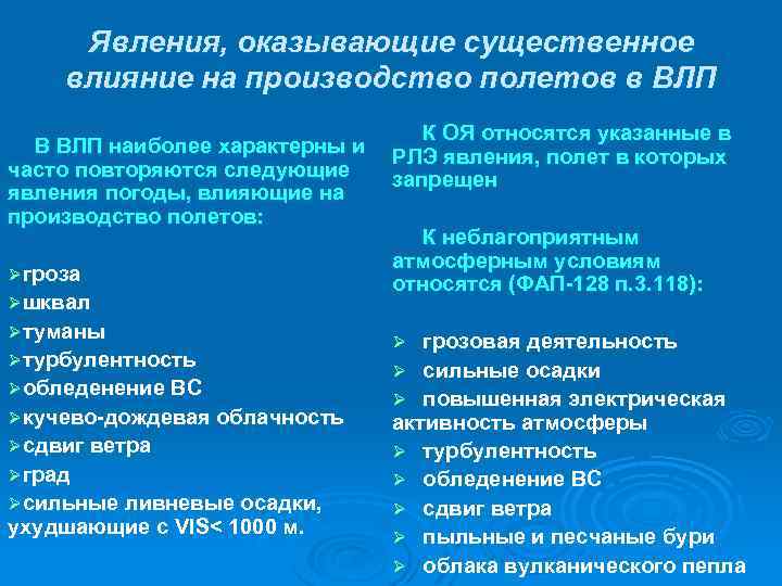 Явления, оказывающие существенное влияние на производство полетов в ВЛП К ОЯ относятся указанные в