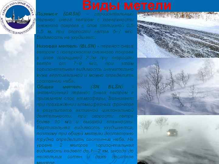 Виды метели Поземок (DRSN) - горизонтальный перенос снега ветром с поверхности снежного покрова в