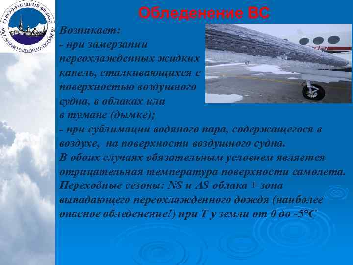 Обледенение ВС Возникает: - при замерзании переохлажденных жидких капель, сталкивающихся с поверхностью воздушного судна,