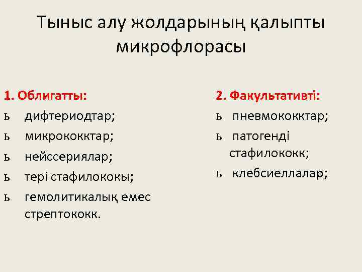 Тыныс алу жолдарының қалыпты микрофлорасы 1. Облигатты: ь дифтериодтар; ь микрококктар; ь нейссериялар; ь