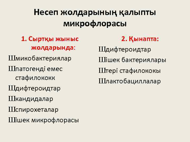 Несеп жолдарының қалыпты микрофлорасы 1. Сыртқы жыныс жолдарында: Шмикобактериялар Шпатогенді емес стафилококк Шдифтероидтар Шкандидалар