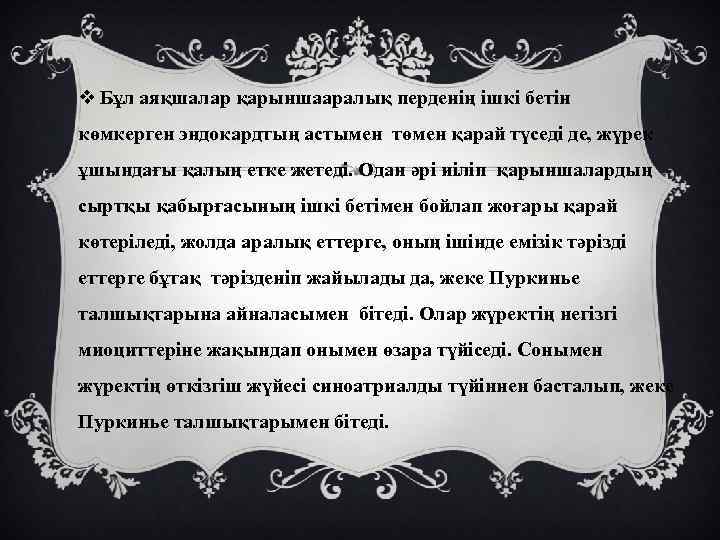 v Бұл аяқшалар қарыншааралық перденің ішкі бетін көмкерген эндокардтың астымен төмен қарай түседі де,