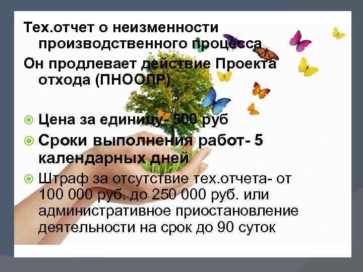 Тех. отчет о неизменности производственного процесса Он продлевает действие Проекта отхода (ПНООЛР) Цена за