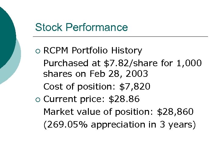 Stock Performance RCPM Portfolio History Purchased at $7. 82/share for 1, 000 shares on