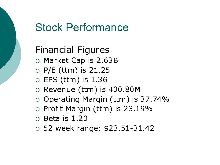 Stock Performance Financial Figures ¡ ¡ ¡ ¡ Market Cap is 2. 63 B