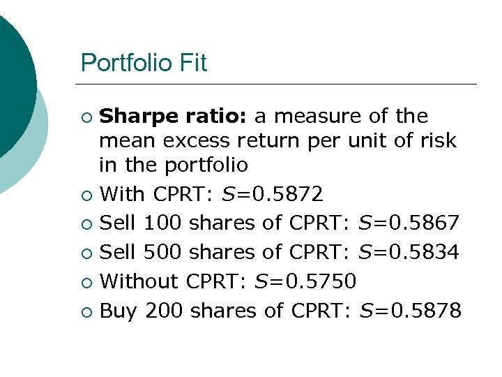 Portfolio Fit Sharpe ratio: a measure of the mean excess return per unit of