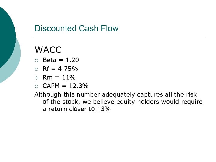 Discounted Cash Flow WACC Beta = 1. 20 ¡ Rf = 4. 75% ¡