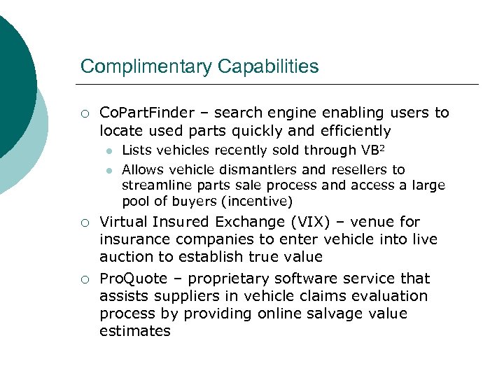 Complimentary Capabilities ¡ Co. Part. Finder – search engine enabling users to locate used