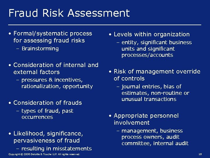 Fraud Risk Assessment • Formal/systematic process for assessing fraud risks – Brainstorming • Consideration