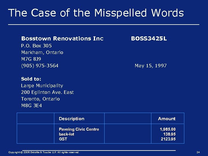 The Case of the Misspelled Words Bosstown Renovations Inc P. O. Box 305 Markham,