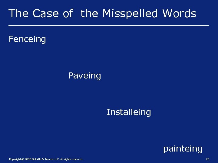 The Case of the Misspelled Words Fenceing Paveing Installeing painteing Copyright © 2006 Deloitte