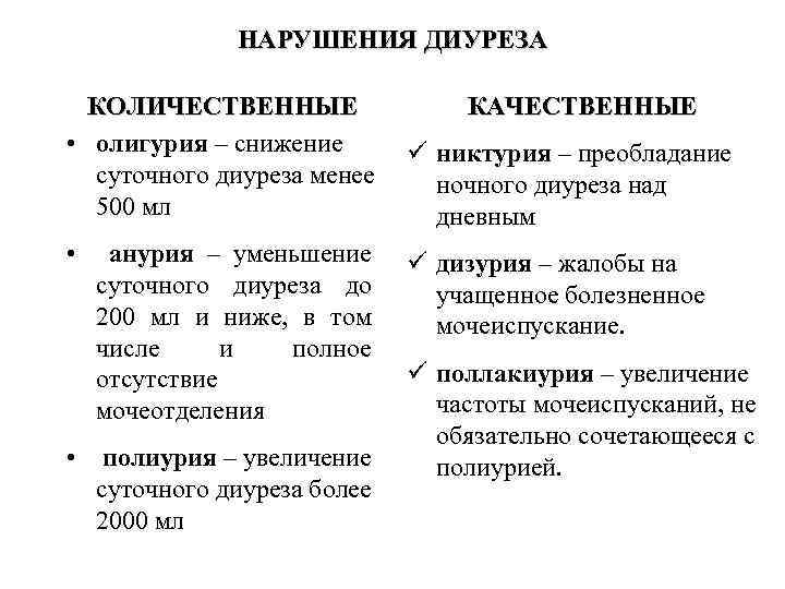 НАРУШЕНИЯ ДИУРЕЗА КОЛИЧЕСТВЕННЫЕ КАЧЕСТВЕННЫЕ • олигурия – снижение ü никтурия – преобладание суточного диуреза