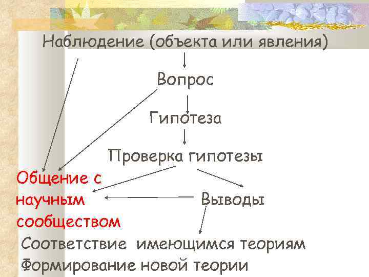 Наблюдение (объекта или явления) Вопрос Гипотеза Проверка гипотезы Общение с научным Выводы сообществом Соответствие