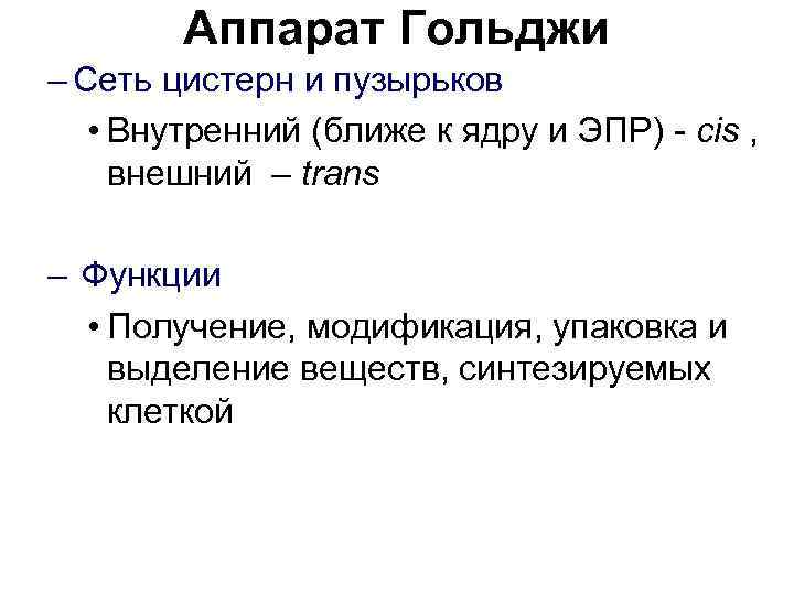 Аппарат Гольджи – Сеть цистерн и пузырьков • Внутренний (ближе к ядру и ЭПР)