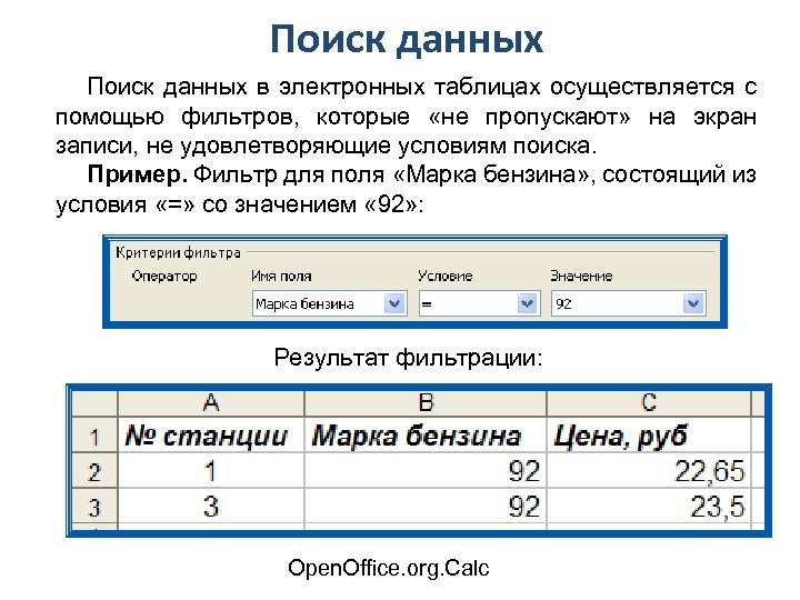 Поиск данных в электронных таблицах осуществляется с помощью фильтров, которые «не пропускают» на экран