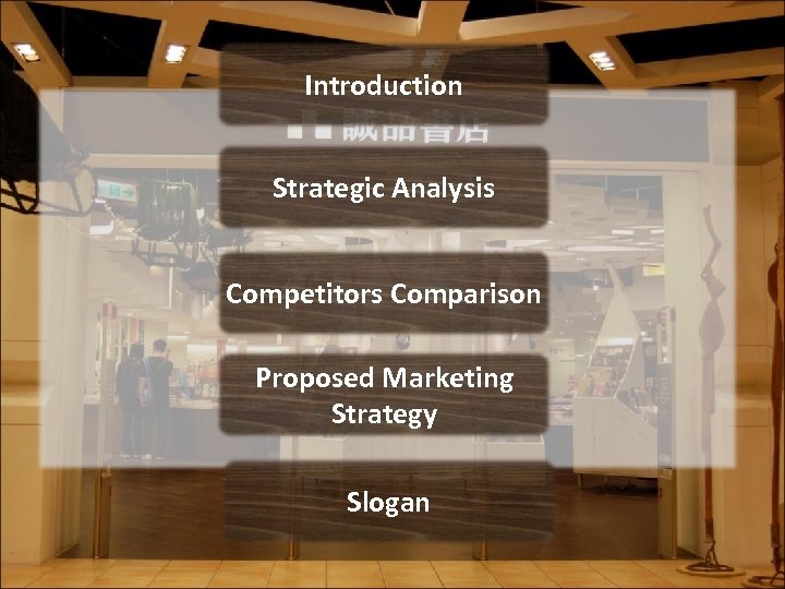 Introduction Strategic Analysis Competitors Comparison Proposed Marketing Strategy Slogan 