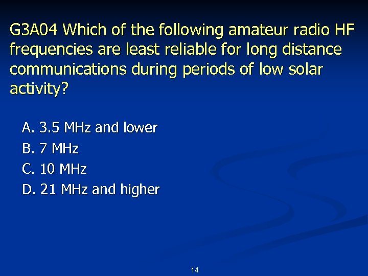 G 3 A 04 Which of the following amateur radio HF frequencies are least