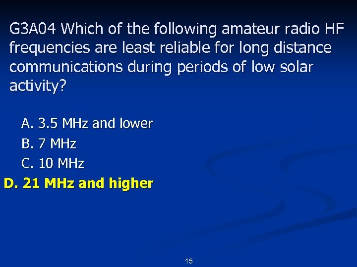 G 3 A 04 Which of the following amateur radio HF frequencies are least