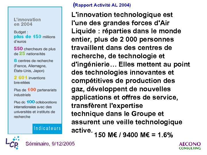 (Rapport Activité AL 2004) L'innovation technologique est l'une des grandes forces d'Air Liquide :