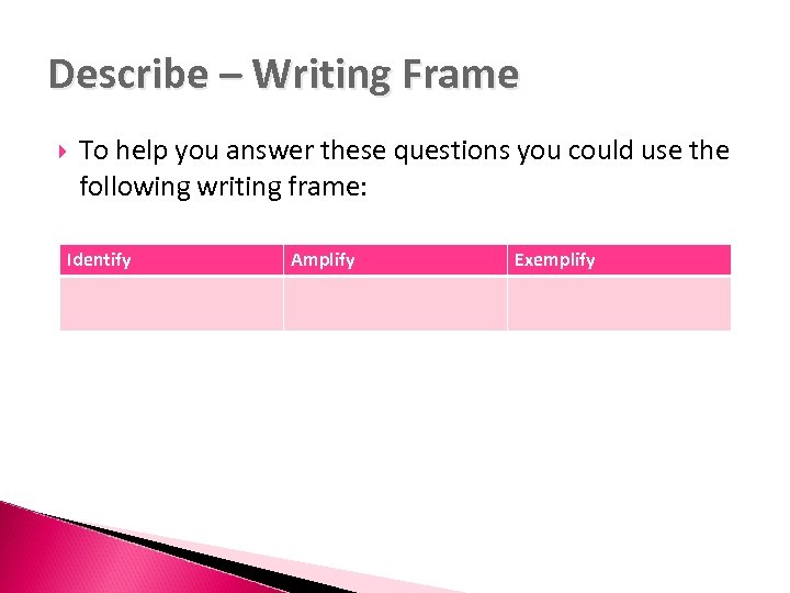 Describe – Writing Frame To help you answer these questions you could use the