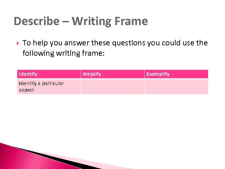 Describe – Writing Frame To help you answer these questions you could use the
