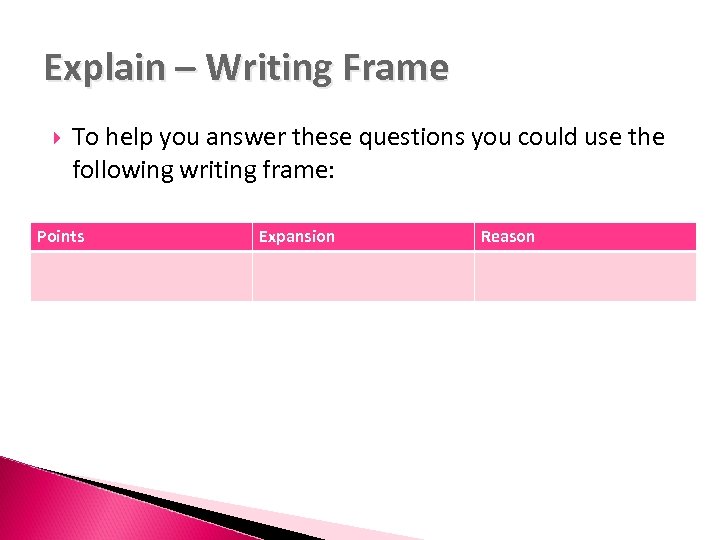 Explain – Writing Frame To help you answer these questions you could use the