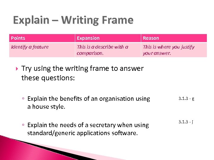 Explain – Writing Frame Points Expansion Reason Identify a feature This is a describe