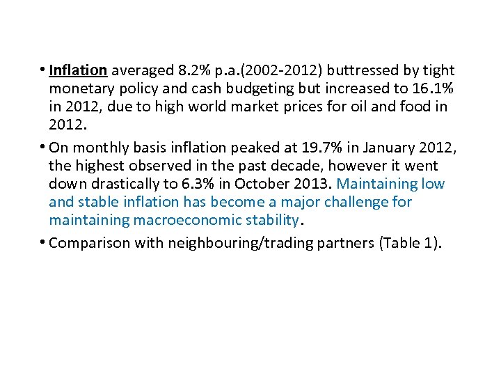  • Inflation averaged 8. 2% p. a. (2002 -2012) buttressed by tight monetary