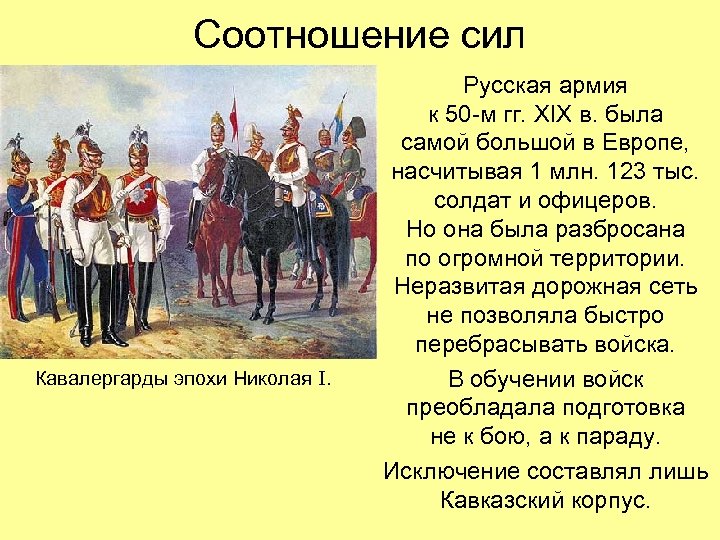 Соотношение сил Кавалергарды эпохи Николая I. Русская армия к 50 -м гг. XIX в.