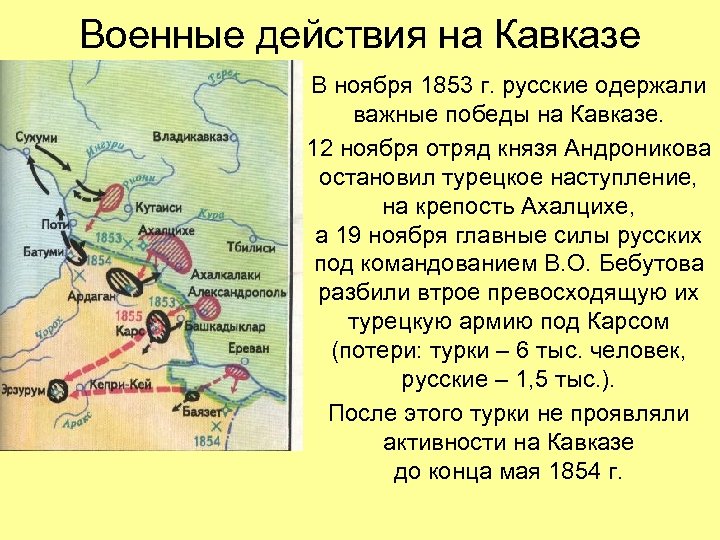 Военные действия на Кавказе В ноября 1853 г. русские одержали важные победы на Кавказе.