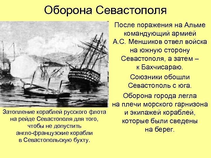 Оборона Севастополя После поражения на Альме командующий армией А. С. Меншиков отвел войска на